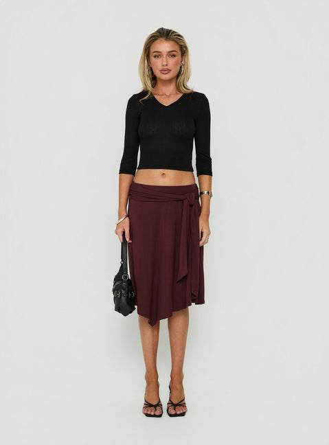 Featuring the Soft Focus Tie Waist Midi Skirt Plum Noir womens-skirts with relaxed fit Princess Polly