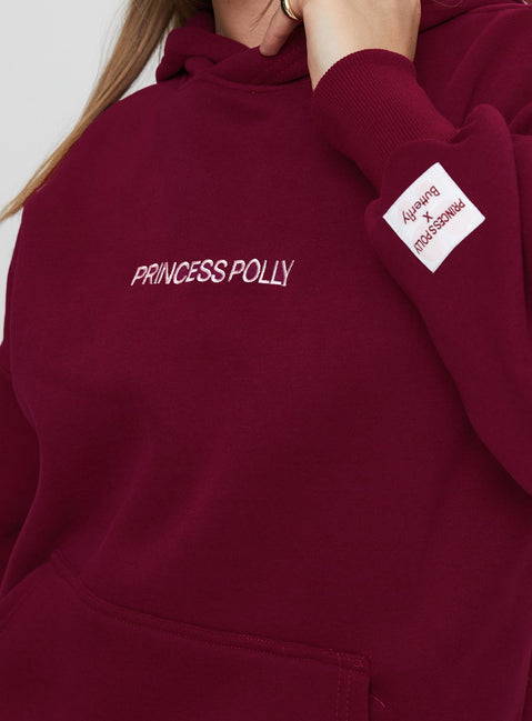 back view of model wearing Princess Polly Princess Polly x Butterfly Foundation Charity Merch Hoody Wine Longline Jumpers Jumpers 
