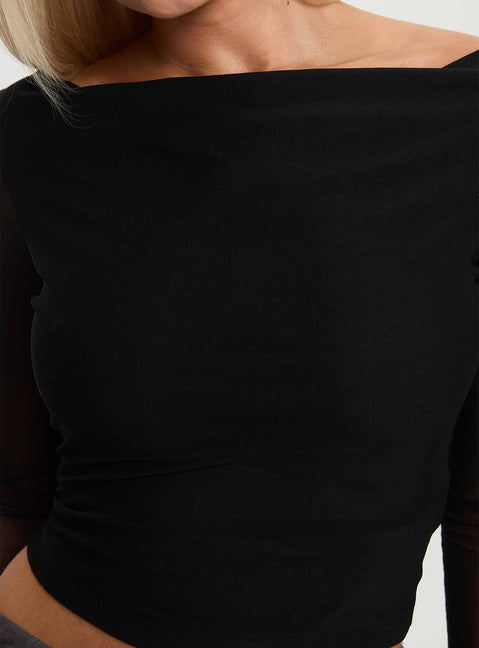 side view of model wearing Princess Polly Valette Mesh Long Sleeve Top Black Full Sleeves Cowl 