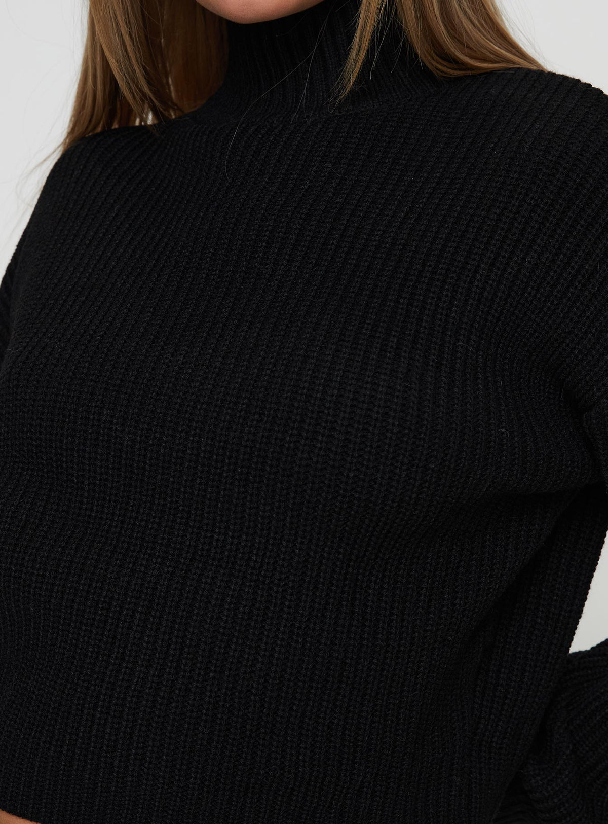 back view of model wearing Princess Polly Sayge Mock Neck Knit Sweater Black cropped Jumpers 