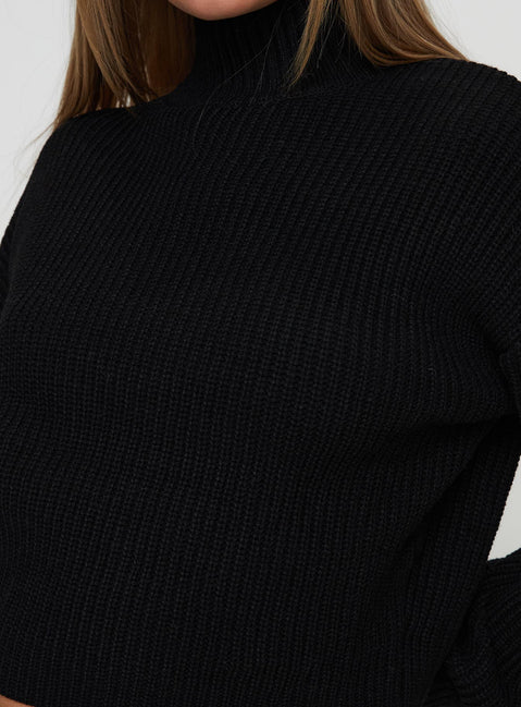 back view of model wearing Princess Polly Sayge Mock Neck Knit Sweater Black cropped Jumpers 
