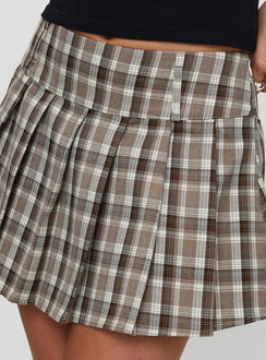back view of model wearing Princess Polly Envision Pleat Mini Skirt Brown Multi Mini Skirts Skirts 