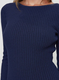 back view of model wearing Princess Polly Osment Long Sleeve Knit Mini Dress Navy Boat Neck 