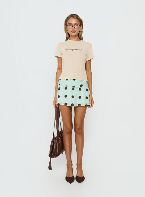   side view of model wearing Princess Polly Elicia Ruched Mini Skirt Mint / Chocolate Polka Dot Mini Skirts Skirts 