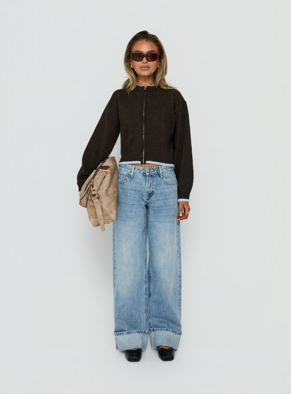Amandi Zip Through Knit Sweater Chocolate / Blue