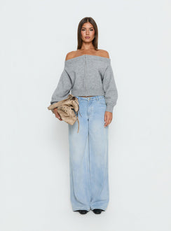 side view of model wearing Princess Polly Ortensa Off Shoulder Zip Through Jumper Grey Marle Cropped Jumpers Jumpers 