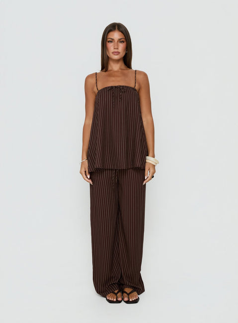 Showcasing Amibella Mid Rise Wide Leg Pants Brown / Cream Stripe womens-regular-pants mid-rise front view of model wearing