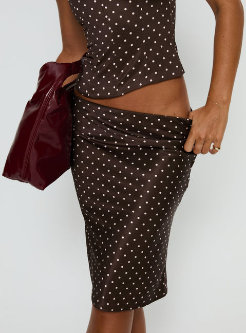 back view of model wearing Princess Polly Somani Satin Midi Skirt Brown / Pink Polka Dot Midi Skirts Skirts 