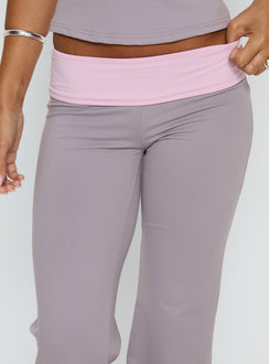 back view of model wearing Princess Polly Kobee Jersey Flare Pants Slate / Dusty Pink Mid Rise Pants Pants 