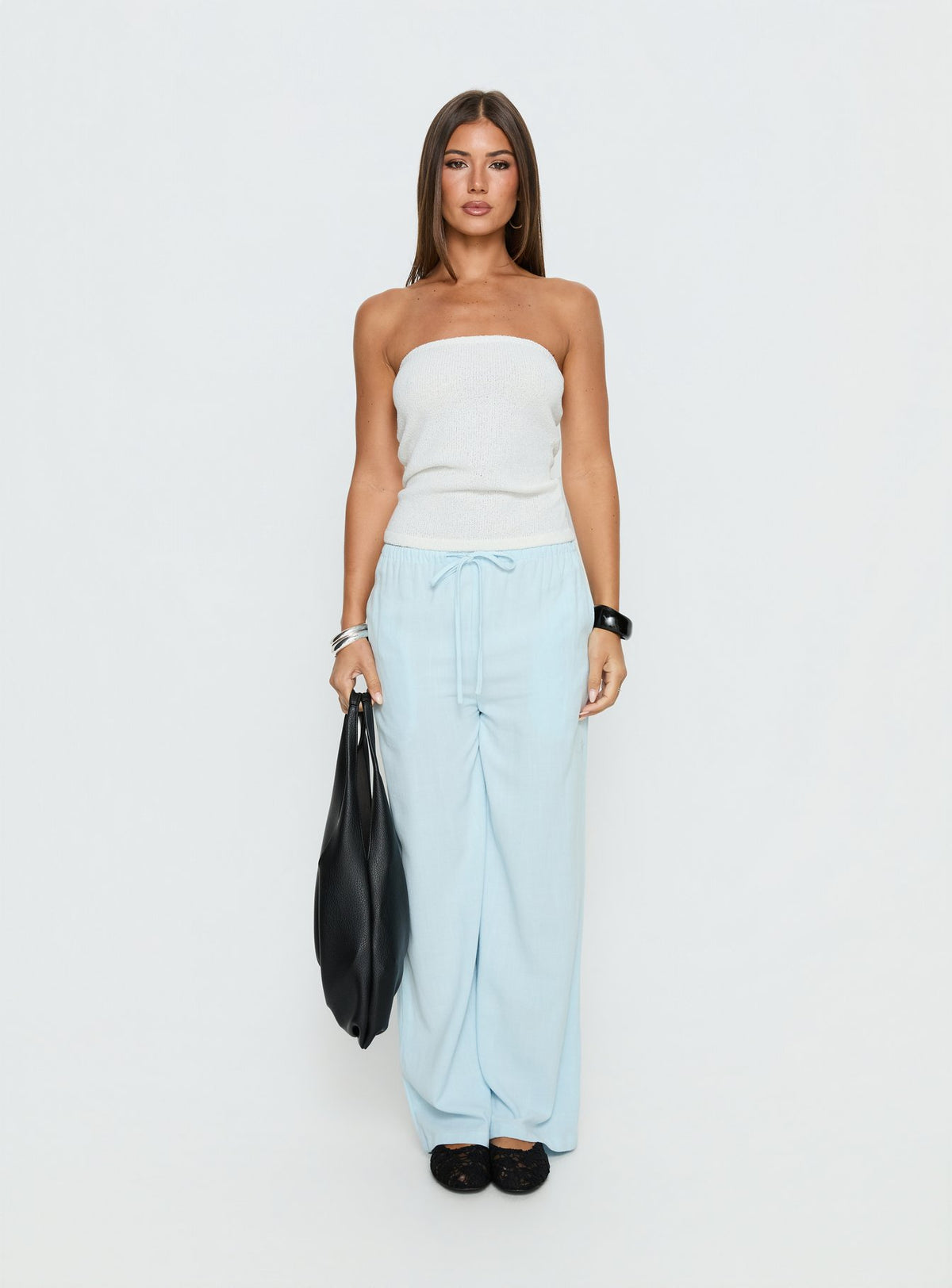 front view of model wearing Princess Polly Parklea Pants Icy Blue High Rise Pants Pants 