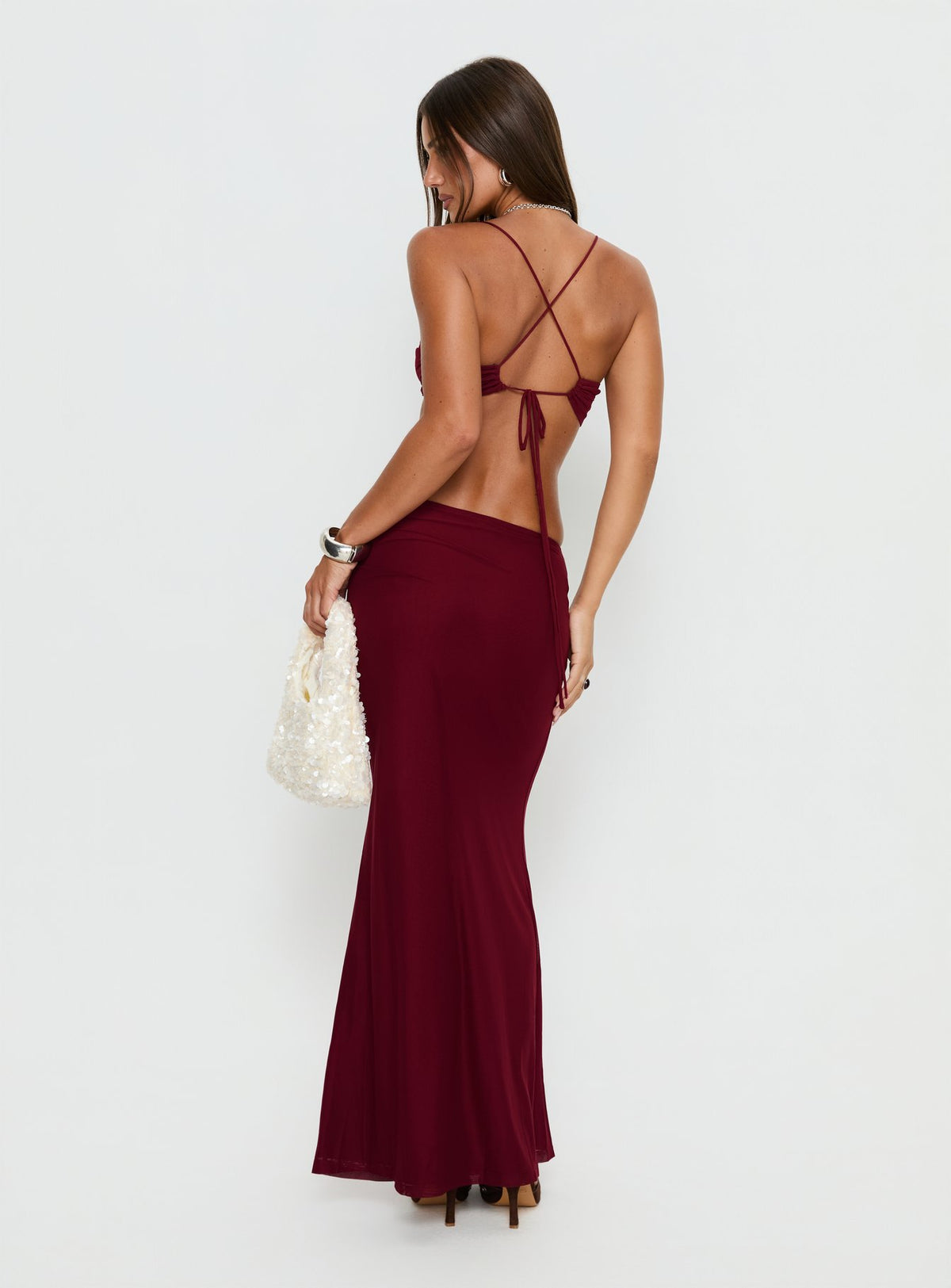 back view of model wearing Princess Polly Delores Ruched Maxi Skirt Red Maxi Skirts Skirts 