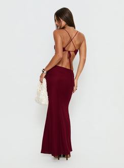 back view of model wearing Princess Polly Delores Ruched Maxi Skirt Red Maxi Skirts Skirts 