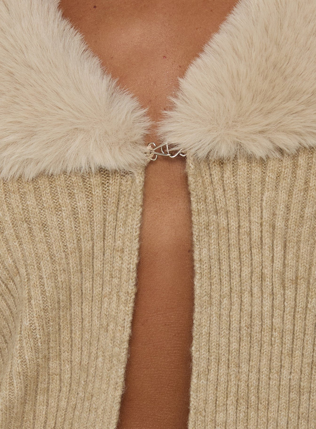 Highlighting the Gisele Faux Fur Trim Long Sleeve Sand womens jumpers and short length detail Princess Polly