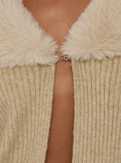 Highlighting the Gisele Faux Fur Trim Long Sleeve Sand womens jumpers and short length detail Princess Polly