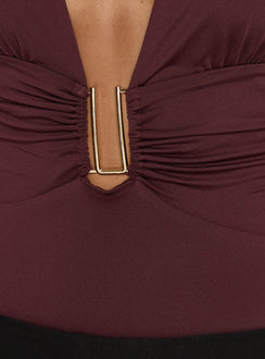 product Princess Polly Leave Me Alone Plunge Halter Bodysuit Burgundy Sleeveless Bodysuit 