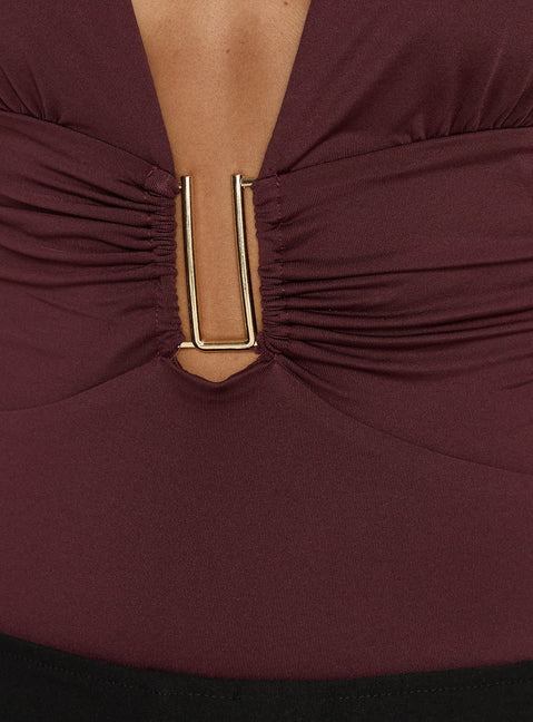 product Princess Polly Leave Me Alone Plunge Halter Bodysuit Burgundy Sleeveless Bodysuit 