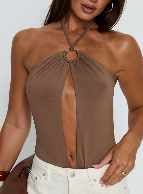 back view of model wearing Princess Polly Damiana Cut Out Bodysuit Brown Sleeveless Bodysuit 