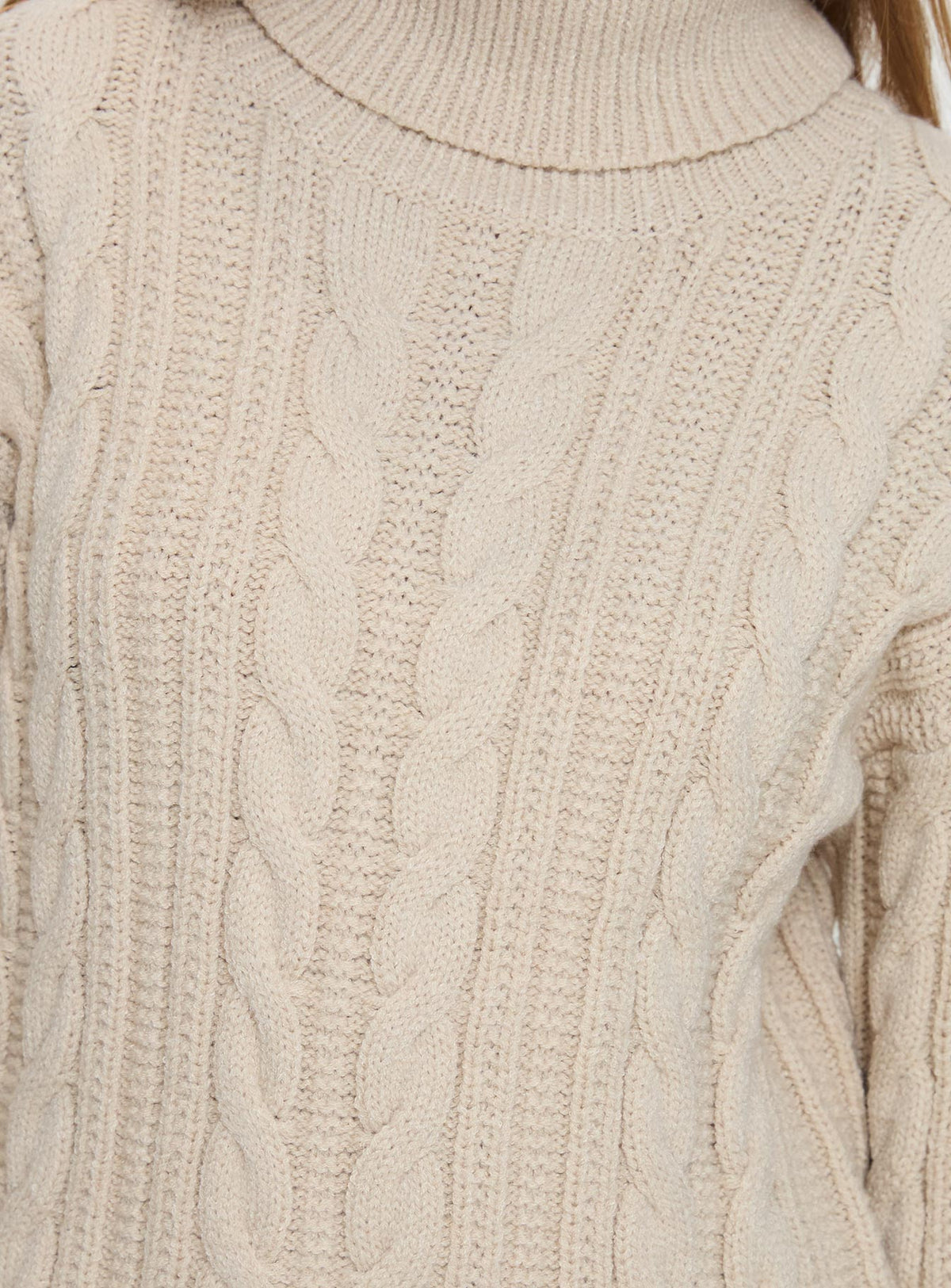 back view of model wearing Princess Polly Bryden Turtleneck Cable Knit Sweater Beige Longline Jumpers Jumpers 