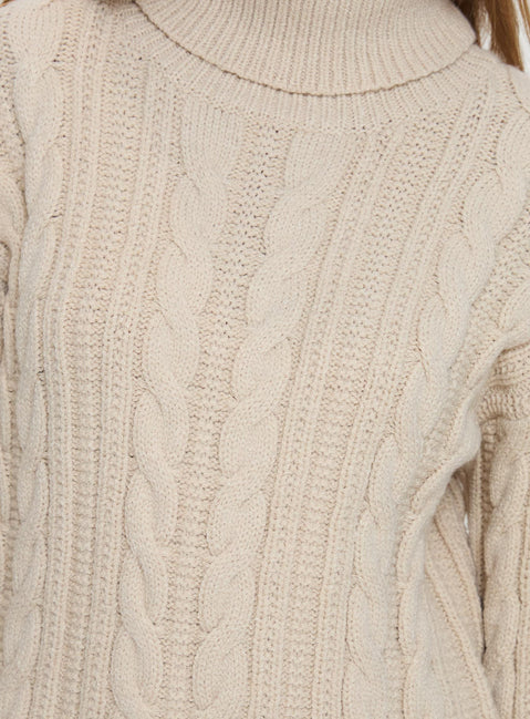 back view of model wearing Princess Polly Bryden Turtleneck Cable Knit Sweater Beige Longline Jumpers Jumpers 