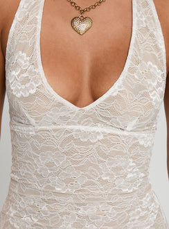 back view of model wearing Princess Polly Sonella Lace Halter Mini Dress White Plunger 
