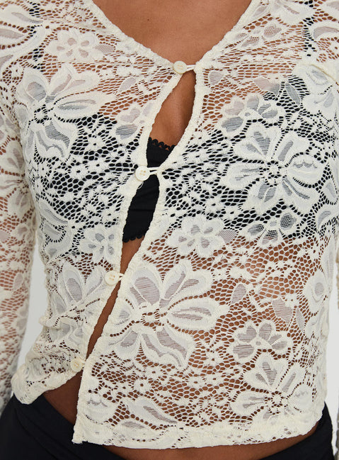 product Princess Polly Berkely Lace Button Up Long Sleeve Top Cream Full Sleeves V-Neck 