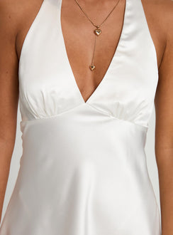 back view of model wearing Princess Polly Pelagia Halter Scarf Tie Mini Dress White V-Neck 