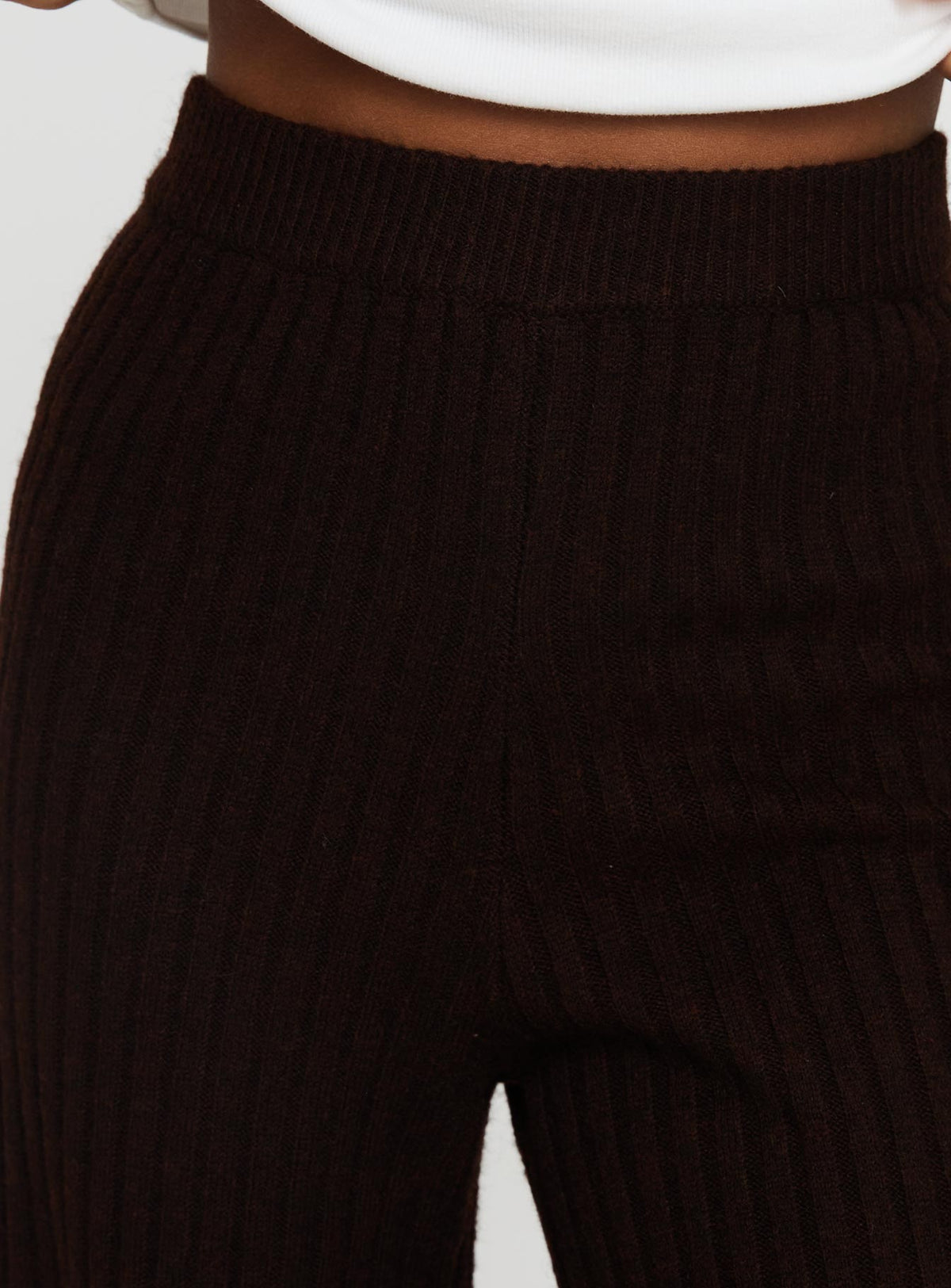 back view of model wearing Princess Polly Montana Knit Pants Chocolate Brown High Rise Pants Pants 