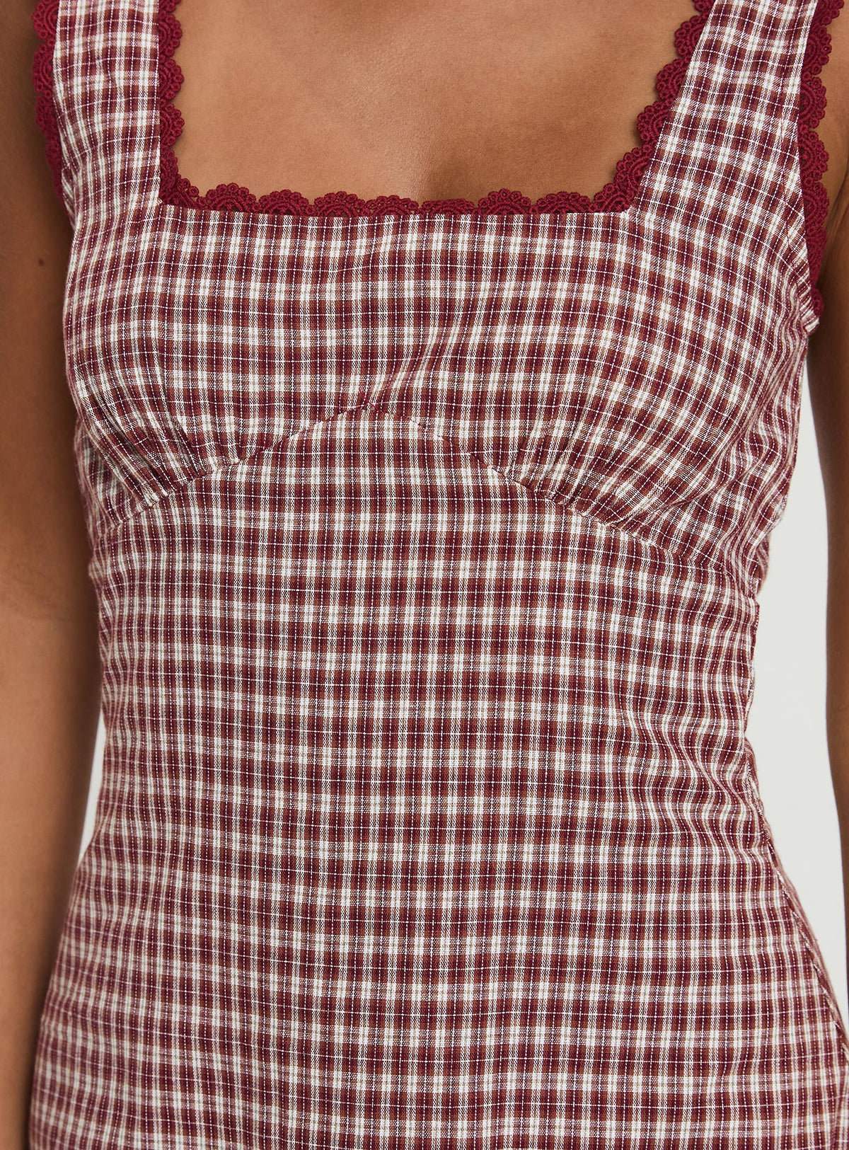 back view of model wearing Princess Polly Dasha Mini Dress Red Check Petite Square Neck 