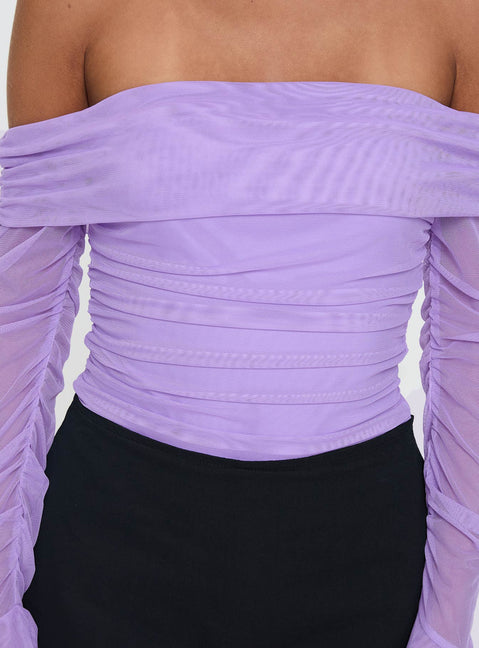 back view of model wearing Princess Polly Feel A Way Off Shoulder Bodysuit Lilac Long Sleeve Tops Bodysuit 