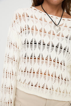 front view of model wearing Princess Polly Mistic Knit Sweater Cream Cropped Jumpers Jumpers 