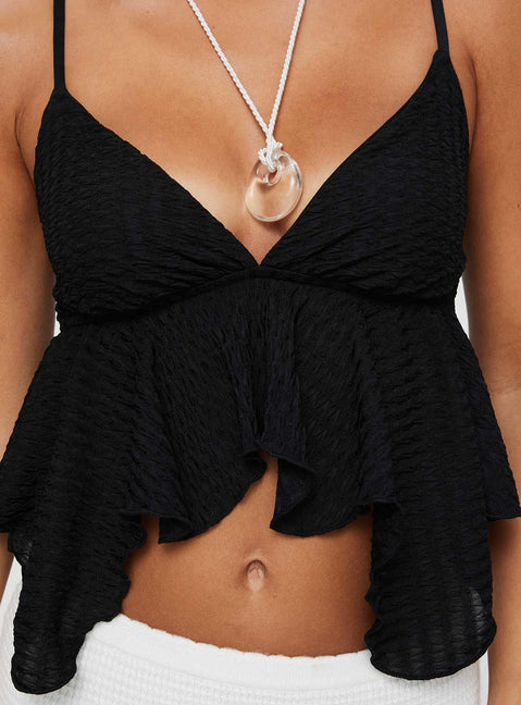back view of model wearing Princess Polly Laren Flutter Cami Top Black Sleeveless Plunger 
