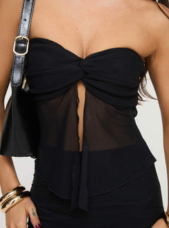 Mesh two-piece set  Strapless top, twist ruched detail at bust, asymmetrical hem with open style front, lettuce edge hem, inner silicone strip at bust, lined at bust only Maxi skirt, elasticated waistband Good stretch, fully lined Princess Polly Lower Impact