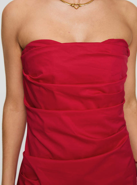 back view of model wearing Princess Polly Bradwell Strapless Mini Dress Red Sweetheart Neckline 