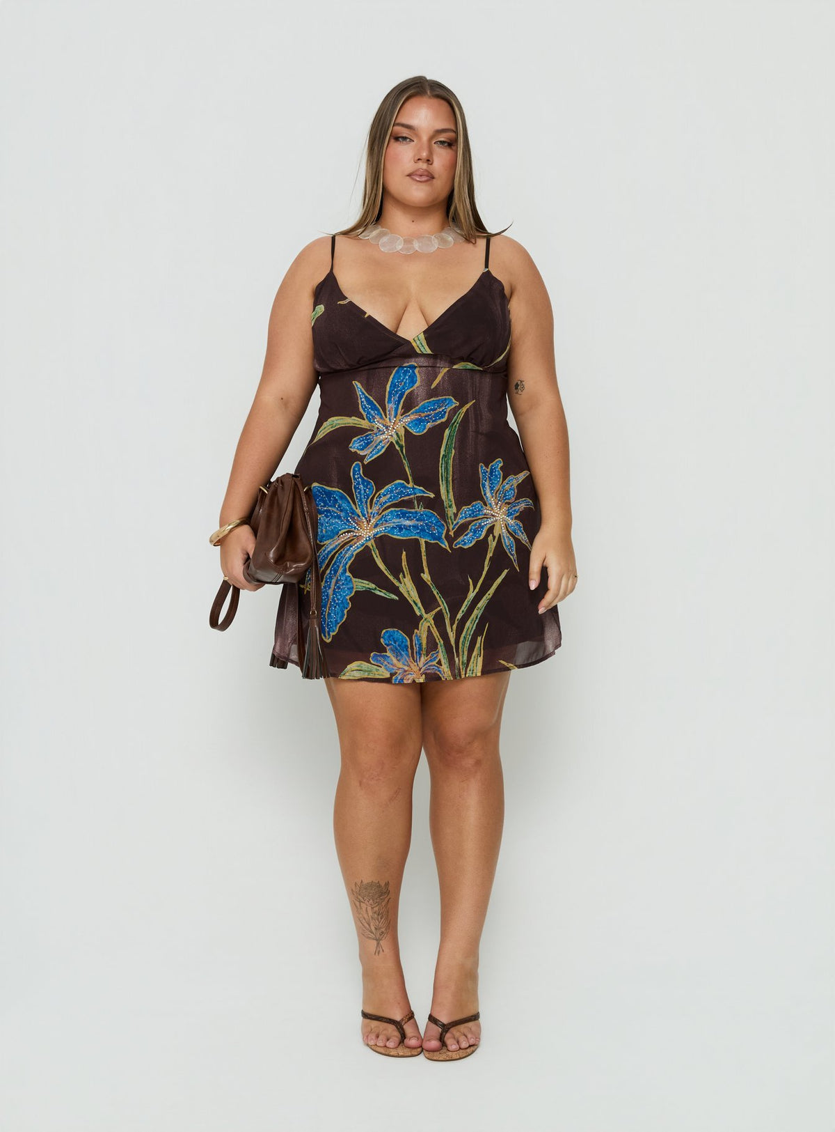 Isakaia Beaded Mini Dress Brown Floral Curve