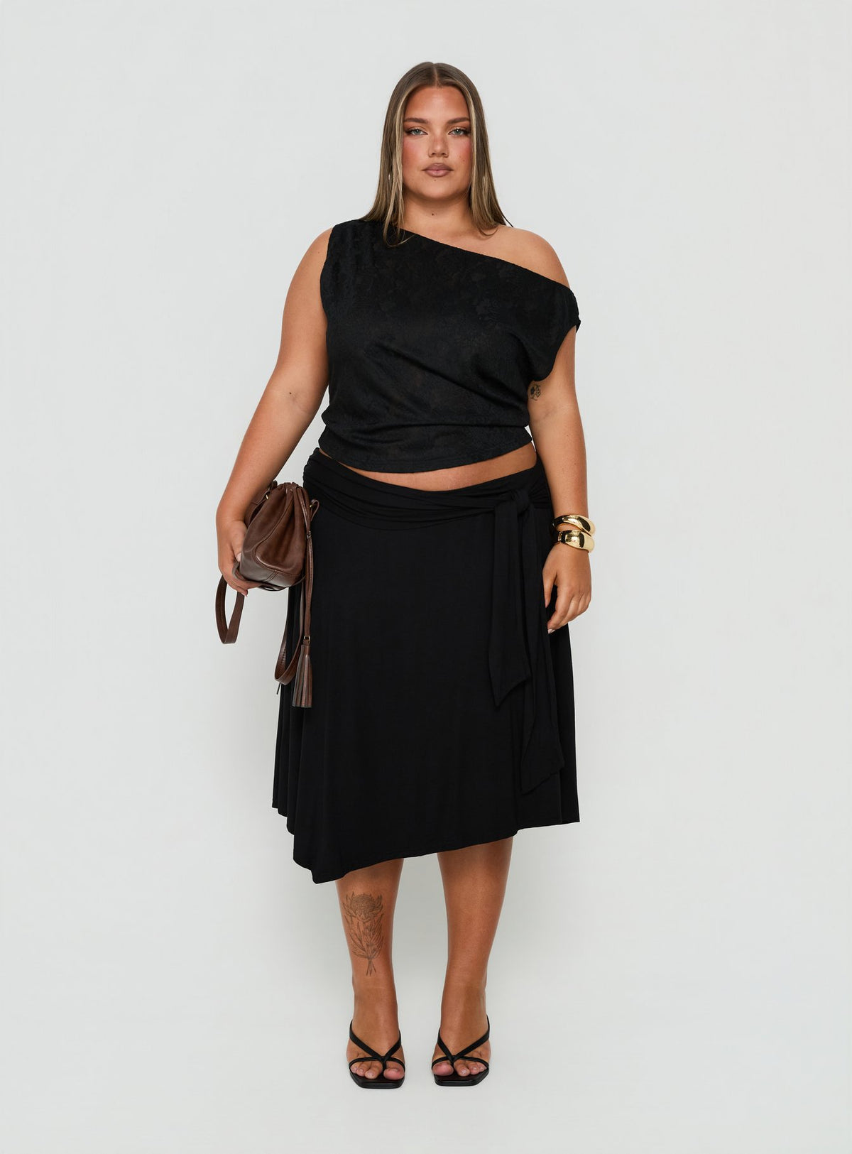Soft Focus Tie Waist Midi Skirt Black Curve