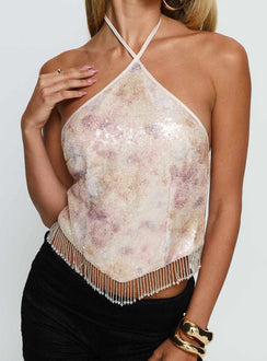 Udelle Sequin Fringey Halter Top Cream Sequin