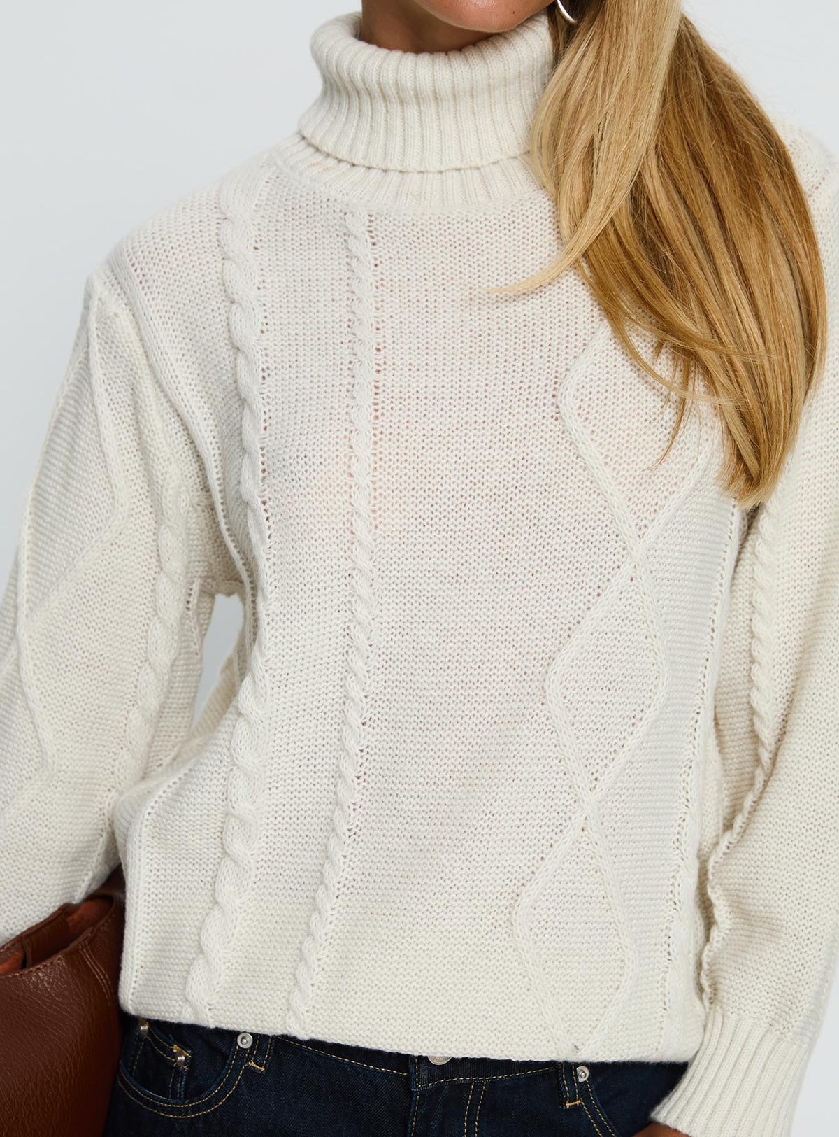 back view of model wearing Princess Polly Tarynne Cable Knit Turtle Neck Sweater Beige Longline Jumpers Jumpers 
