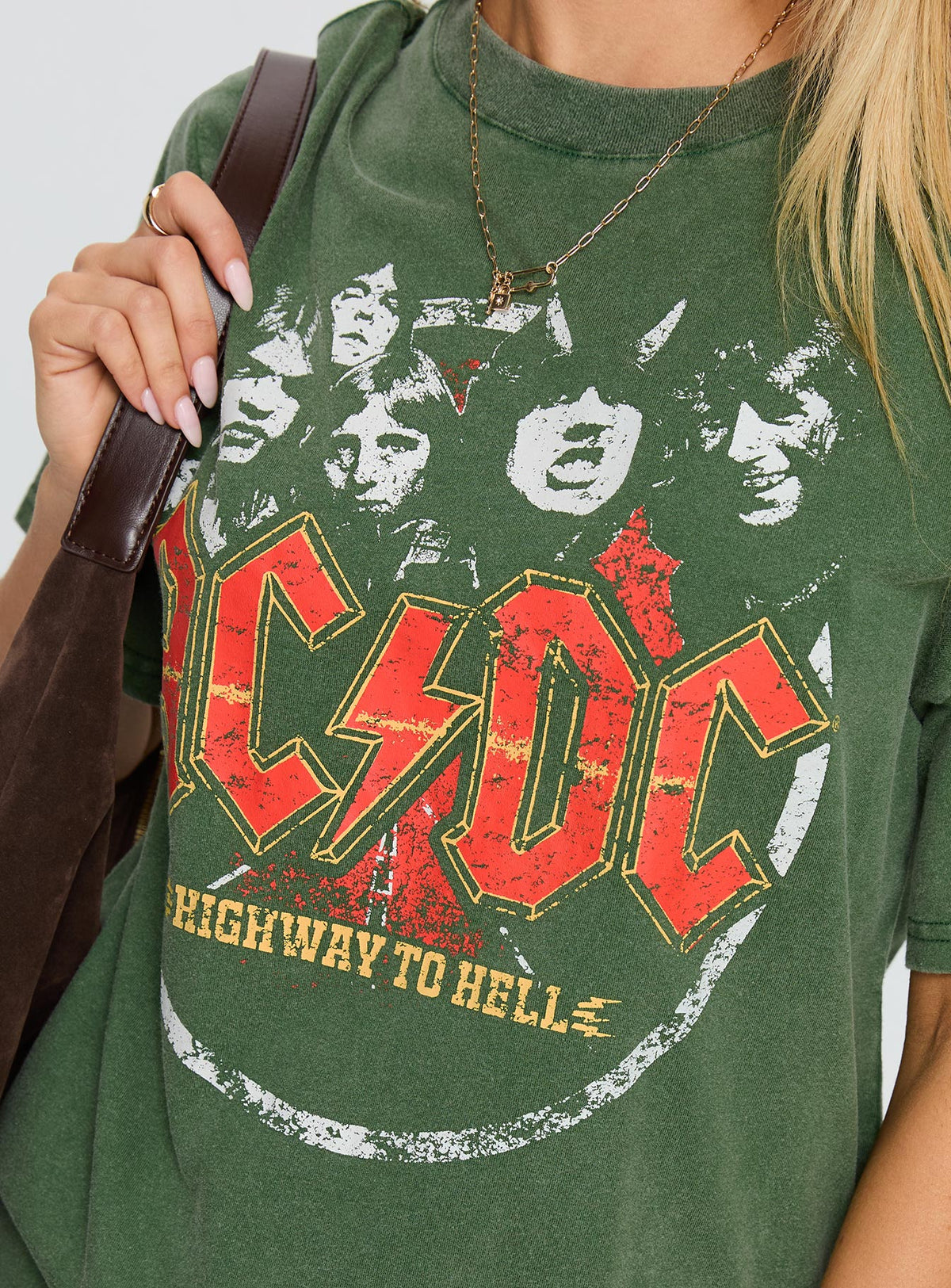 back view of model wearing Princess Polly Acdc Vintage Oversized Graphic Top Green Half Sleeves Crew Neck 