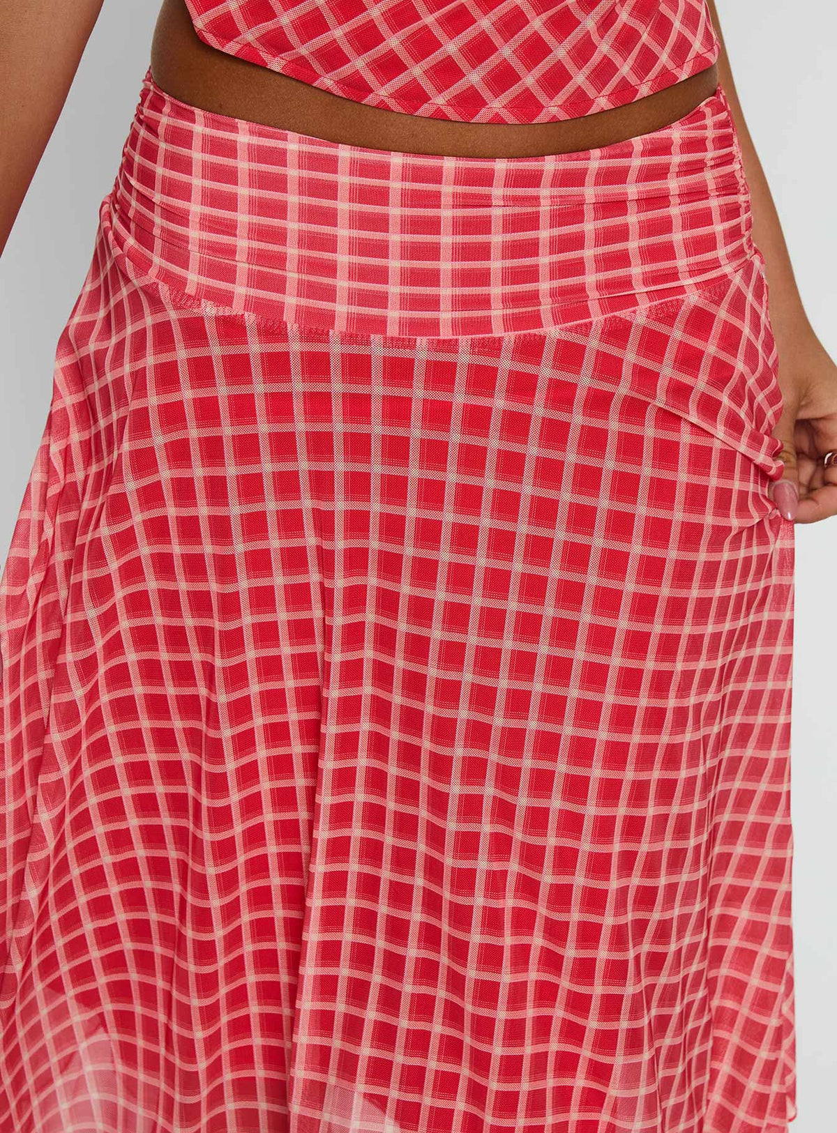 back view of model wearing Princess Polly Scenic Route Asymmetrical Midi Skirt Red Check Midi Skirts Skirts 