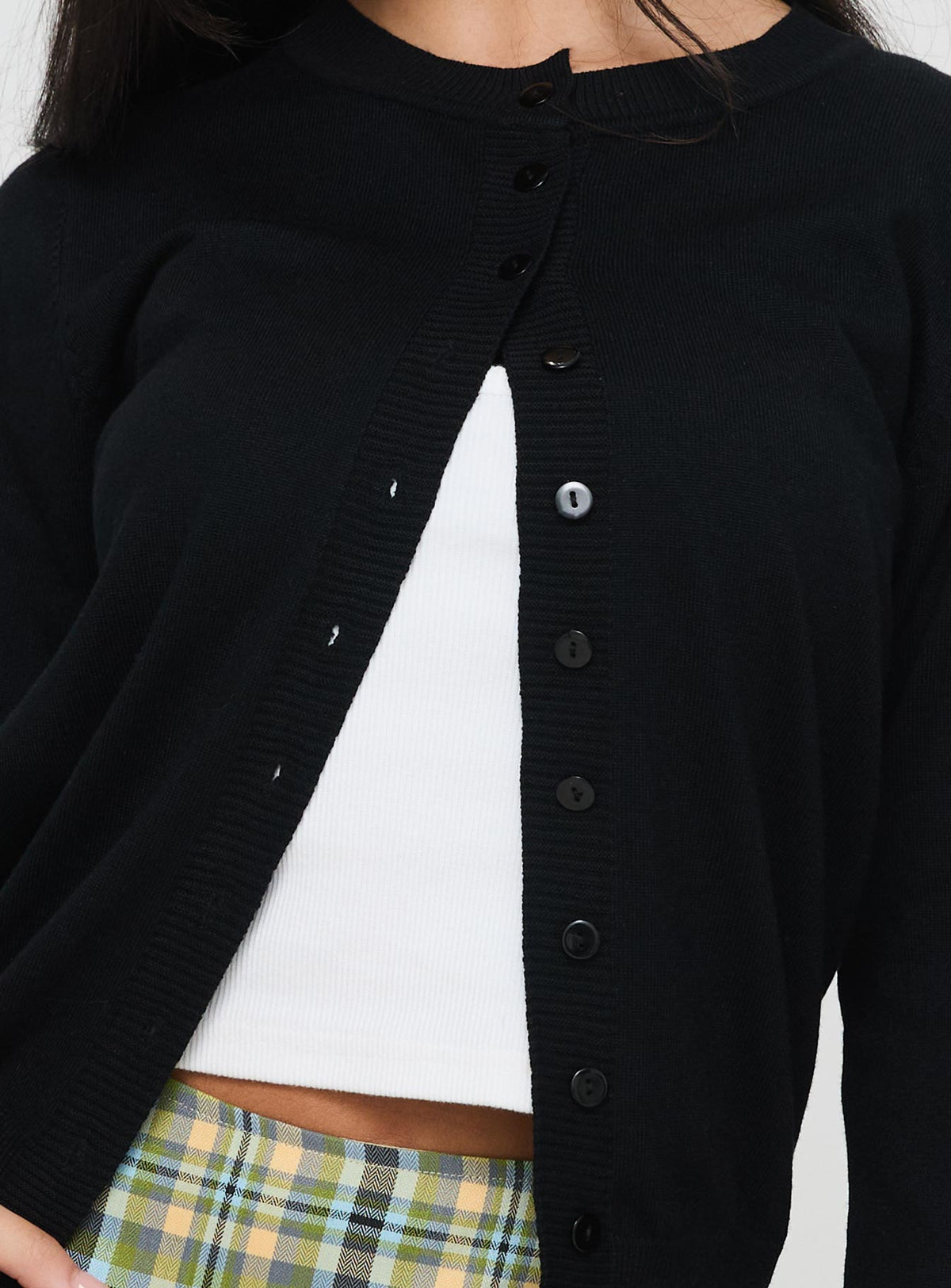 front view of model wearing Princess Polly Capeside Knit Cardigan Black Cropped Jumpers Jumpers 