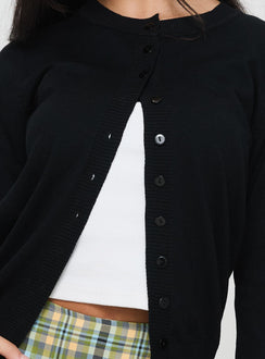 front view of model wearing Princess Polly Capeside Knit Cardigan Black Cropped Jumpers Jumpers 