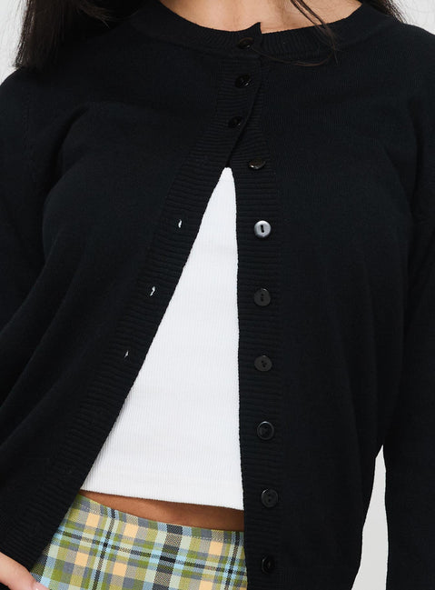 front view of model wearing Princess Polly Capeside Knit Cardigan Black Cropped Jumpers Jumpers 