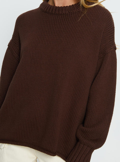 back view of model wearing Princess Polly Wilda Crew Neck Knit Sweater Brown Longline Jumpers 