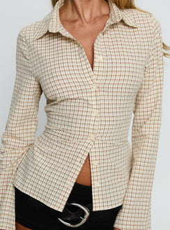 Eryx Tie Back Button Up Top Apricot Check