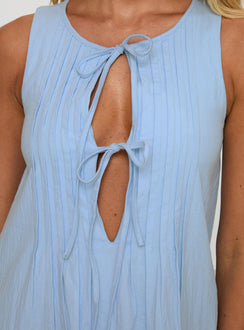 back view of model wearing Princess Polly Caddie Tie Mini Dress Blue Crew Neck 