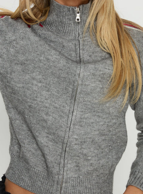 Explore the Caysey Zip Through Knit Sweater Grey womens-jumpers featuring short length and high-neck detail Princess Polly