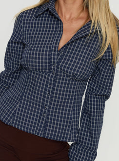 Cottesloe Long Sleeve Blouse Top Navy Check