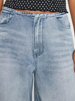 back view of model wearing Princess Polly Bowe Low Rise Wide Leg Jeans Blue High Rise Jeans Jeans 