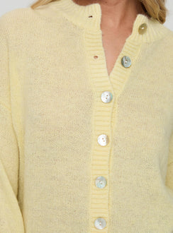 back view of model wearing Princess Polly Sunbeam Cardigan Yellow Longline Jumpers Jumpers 