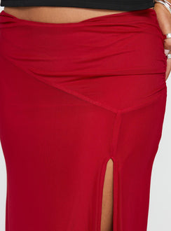 back view of model wearing Princess Polly Quancita Mesh Maxi Skirt Red Maxi Skirts Skirts 